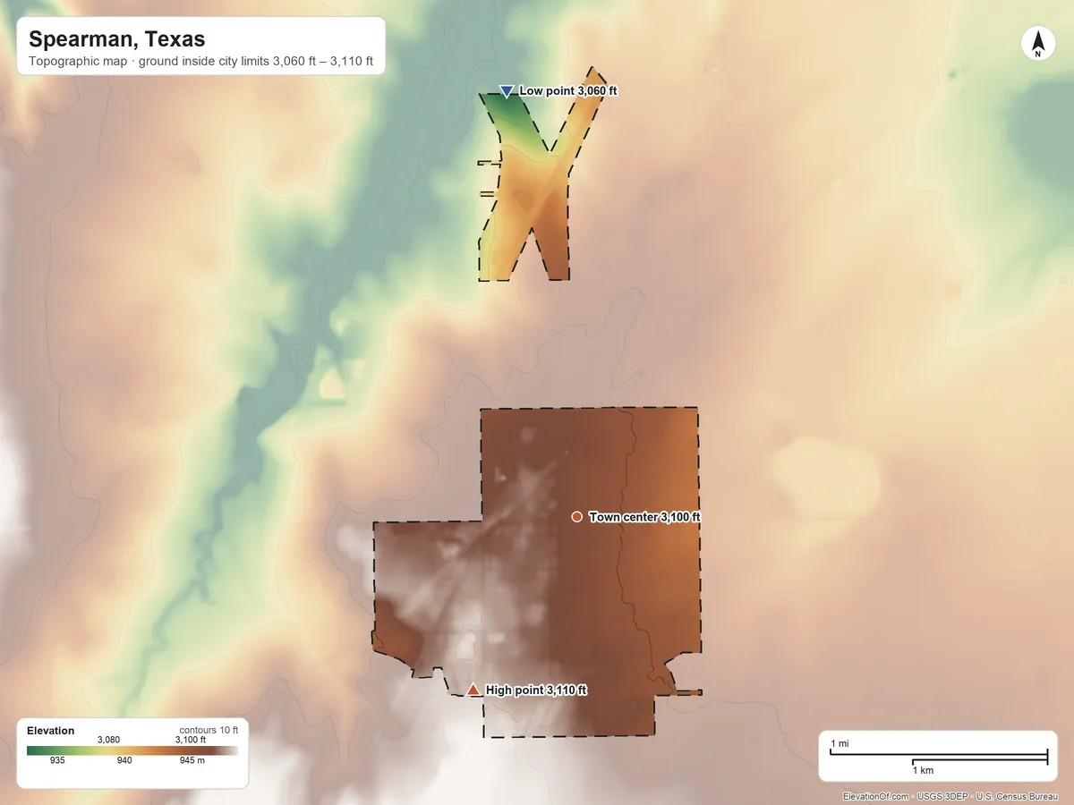 Topographic elevation map of Spearman, Texas, shaded from 3,060 ft on the north side to 3,110 ft on the southwest side