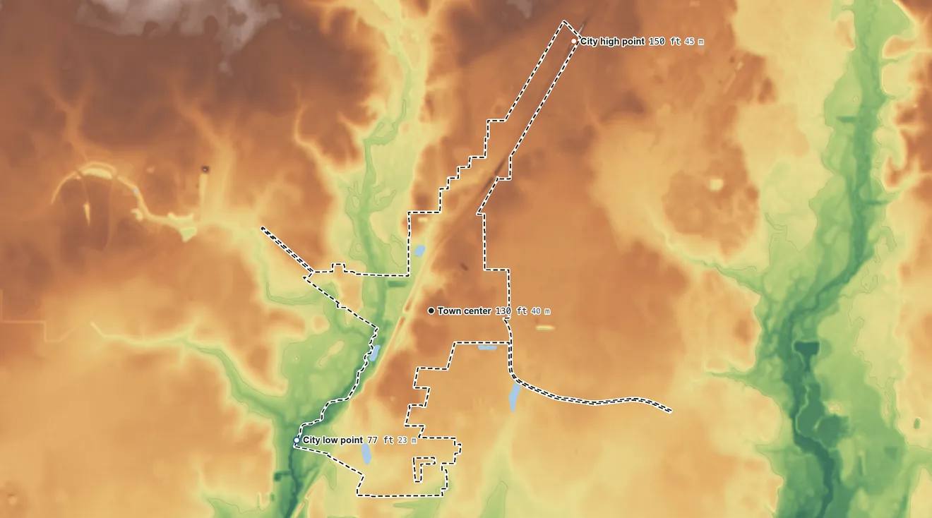 Topographic elevation map of Splendora, Texas, shaded from 77 ft on the southwest side to 150 ft on the northeast side