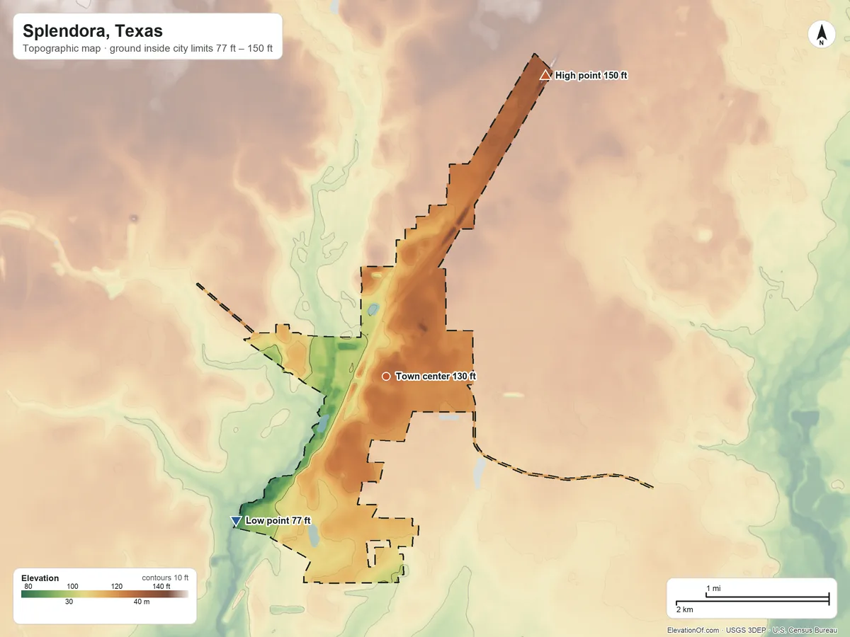 Topographic elevation map of Splendora, Texas, shaded from 77 ft on the southwest side to 150 ft on the northeast side
