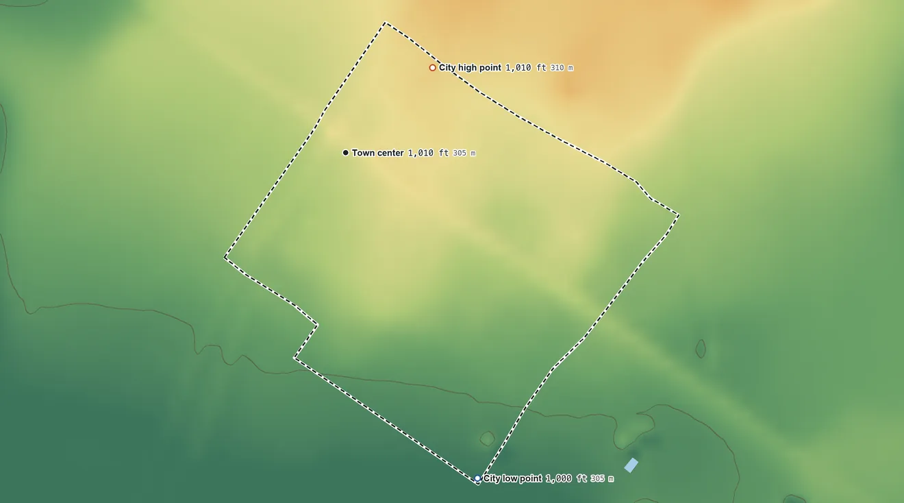 Topographic elevation map of Spofford, Texas, shaded from 1,000 ft on the south side to 1,010 ft on the northeast side