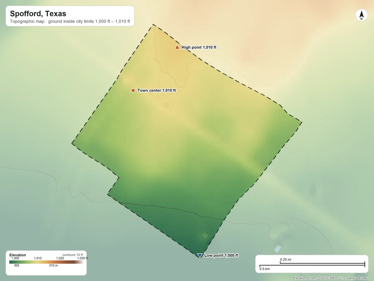 Topographic elevation map of Spofford, Texas, shaded from 1,000 ft on the south side to 1,010 ft on the northeast side