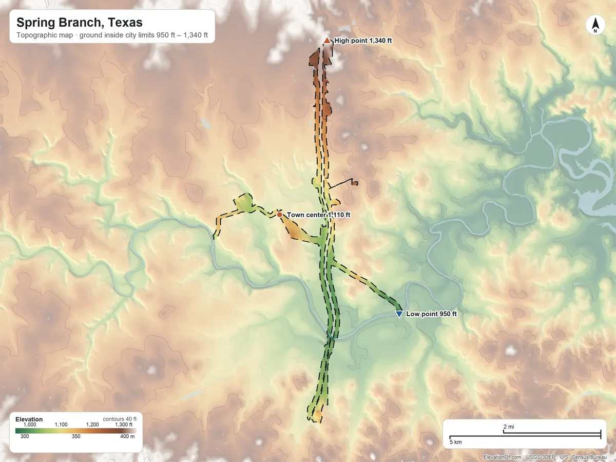 Topographic elevation map of Spring Branch, Texas, shaded from 950 ft on the southeast side to 1,340 ft on the north side