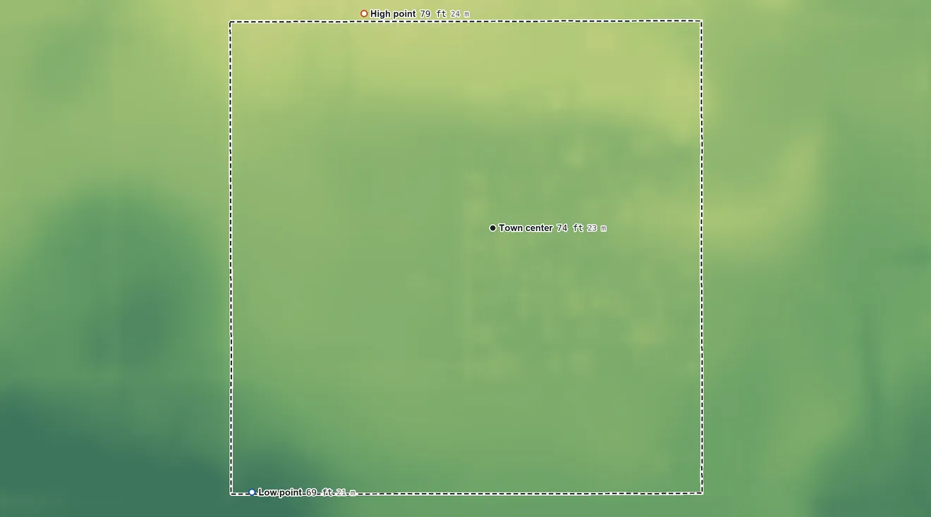 Topographic elevation map of Spring Gardens, Texas, shaded from 69 ft on the southwest side to 79 ft on the northwest side