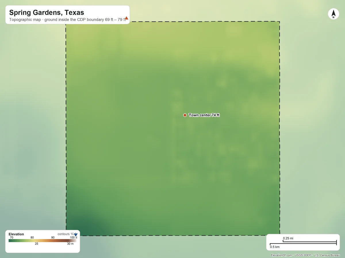 Topographic elevation map of Spring Gardens, Texas, shaded from 69 ft on the southwest side to 79 ft on the northwest side