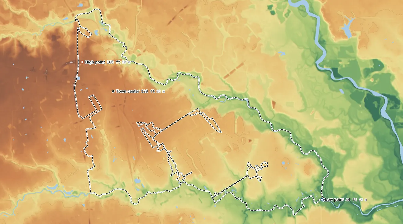 Topographic elevation map of Spring, Texas, shaded from 44 ft on the southeast side to 160 ft on the northwest side