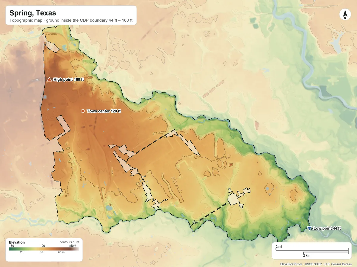 Topographic elevation map of Spring, Texas, shaded from 44 ft on the southeast side to 160 ft on the northwest side