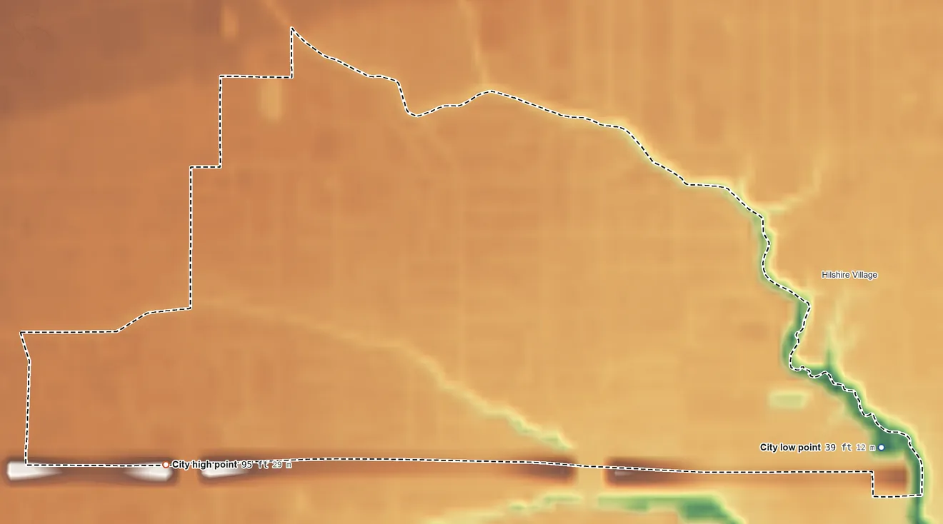 Topographic elevation map of Spring Valley Village, Texas, shaded from 39 ft on the east side to 95 ft on the southwest side