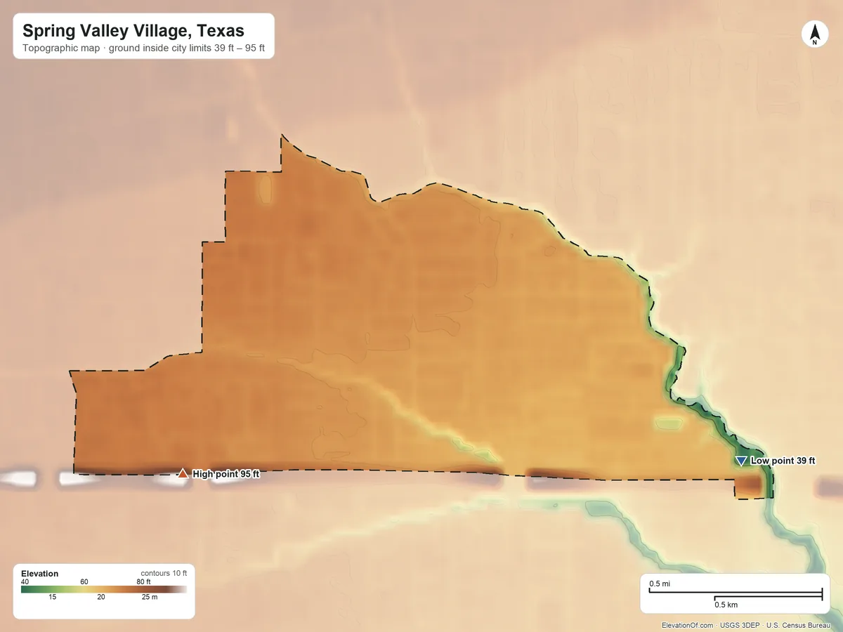 Topographic elevation map of Spring Valley Village, Texas, shaded from 39 ft on the east side to 95 ft on the southwest side