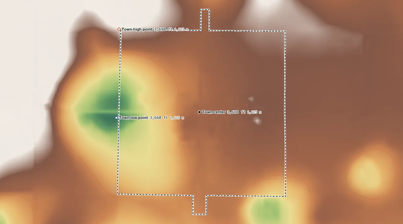 Topographic elevation map of Springlake, Texas, shaded from 3,660 ft on the west side to 3,690 ft on the northwest side