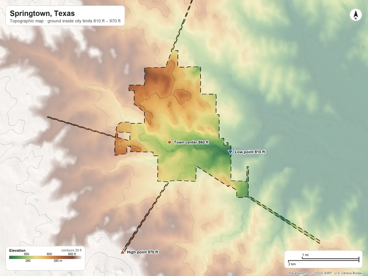Topographic elevation map of Springtown, Texas, shaded from 810 ft on the east side to 970 ft on the southwest side