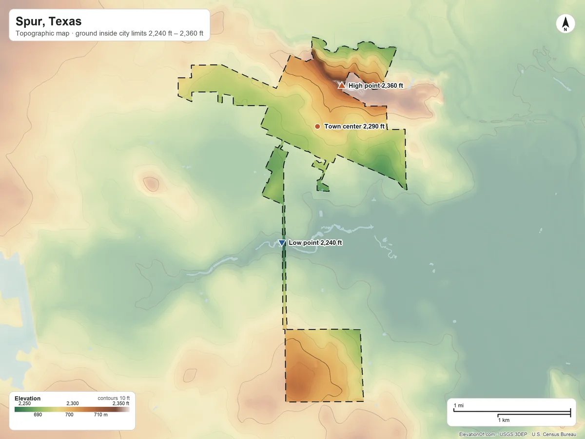 Topographic elevation map of Spur, Texas, shaded from 2,240 ft on the south side to 2,360 ft on the northeast side