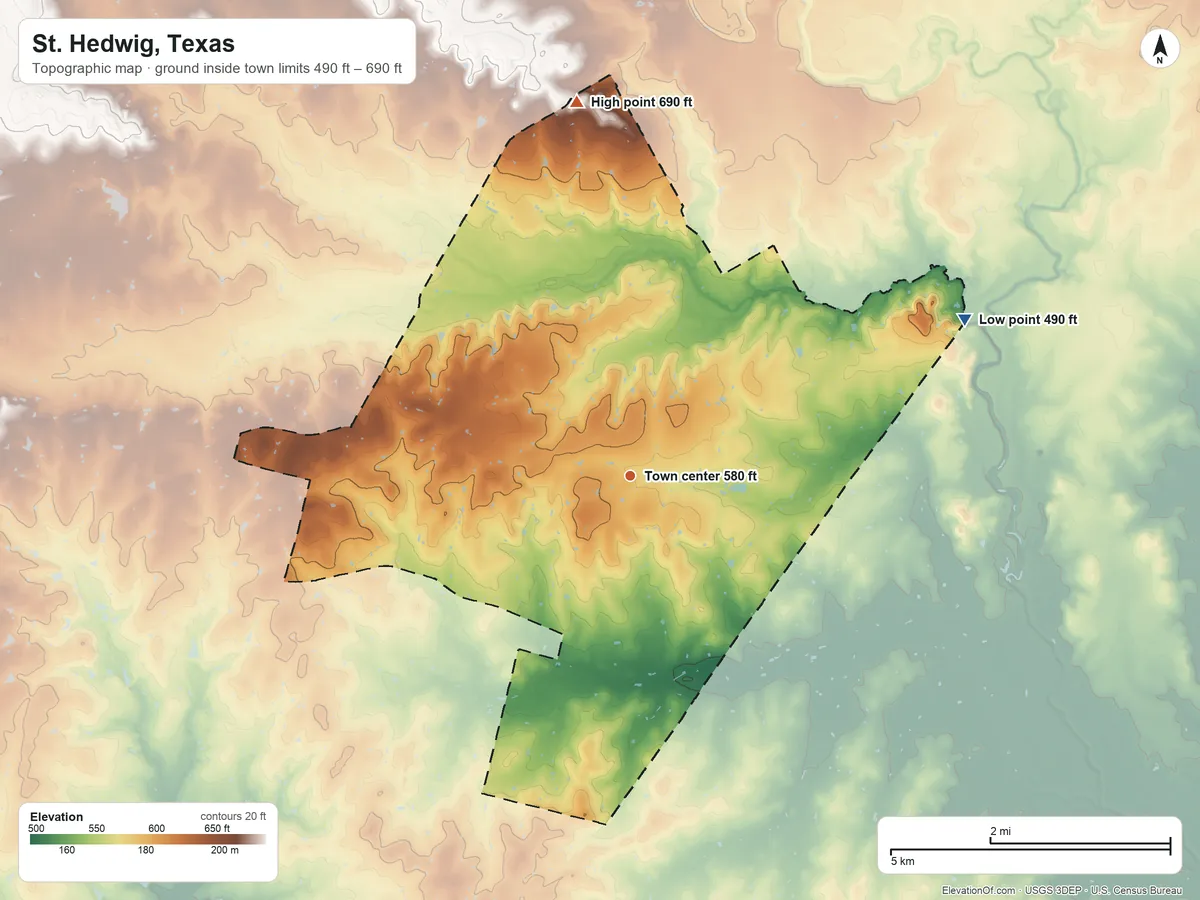 Topographic elevation map of St. Hedwig, Texas, shaded from 490 ft on the northeast side to 690 ft on the north side
