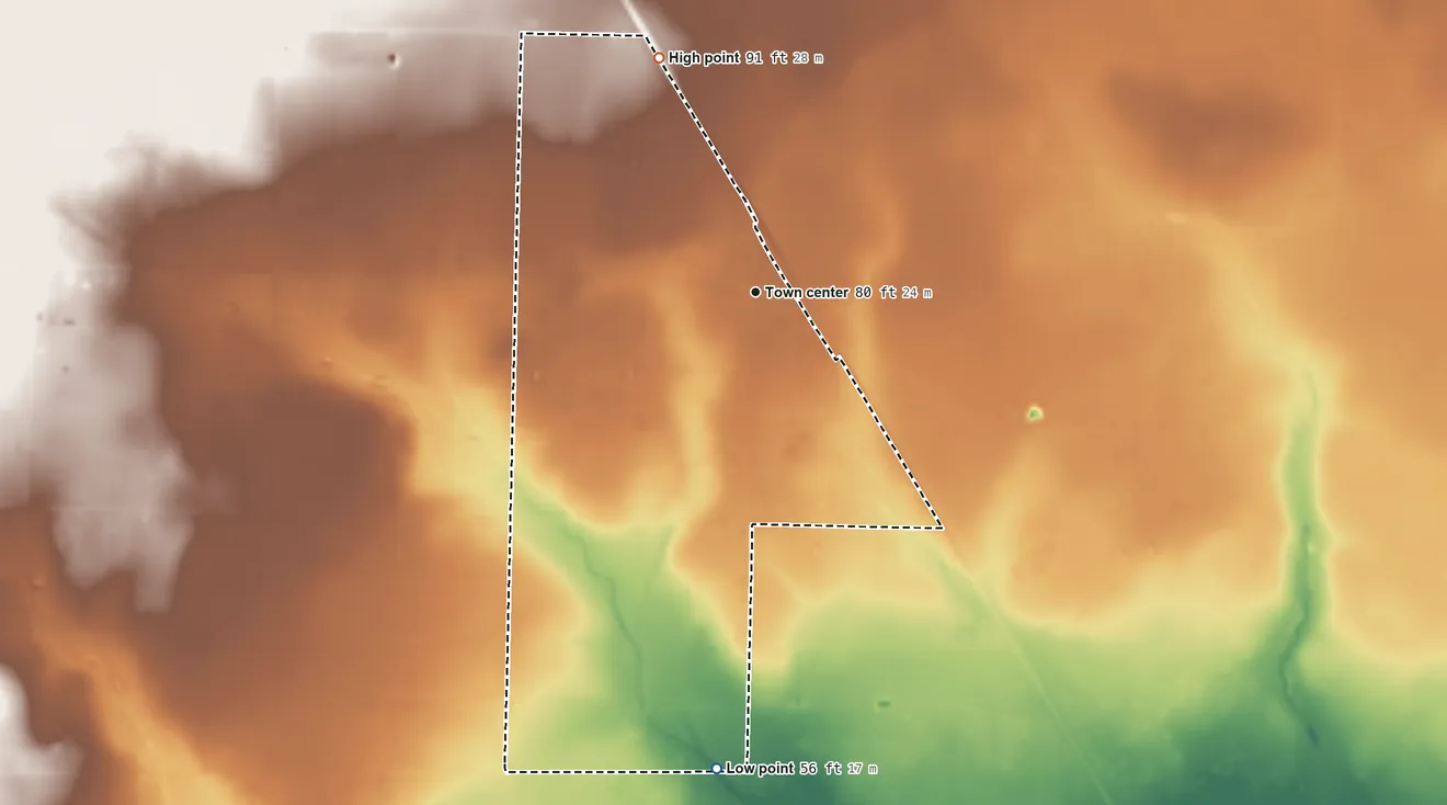 Topographic elevation map of St. Paul, San Patricio County, Texas, shaded from 56 ft on the south side to 91 ft on the north side