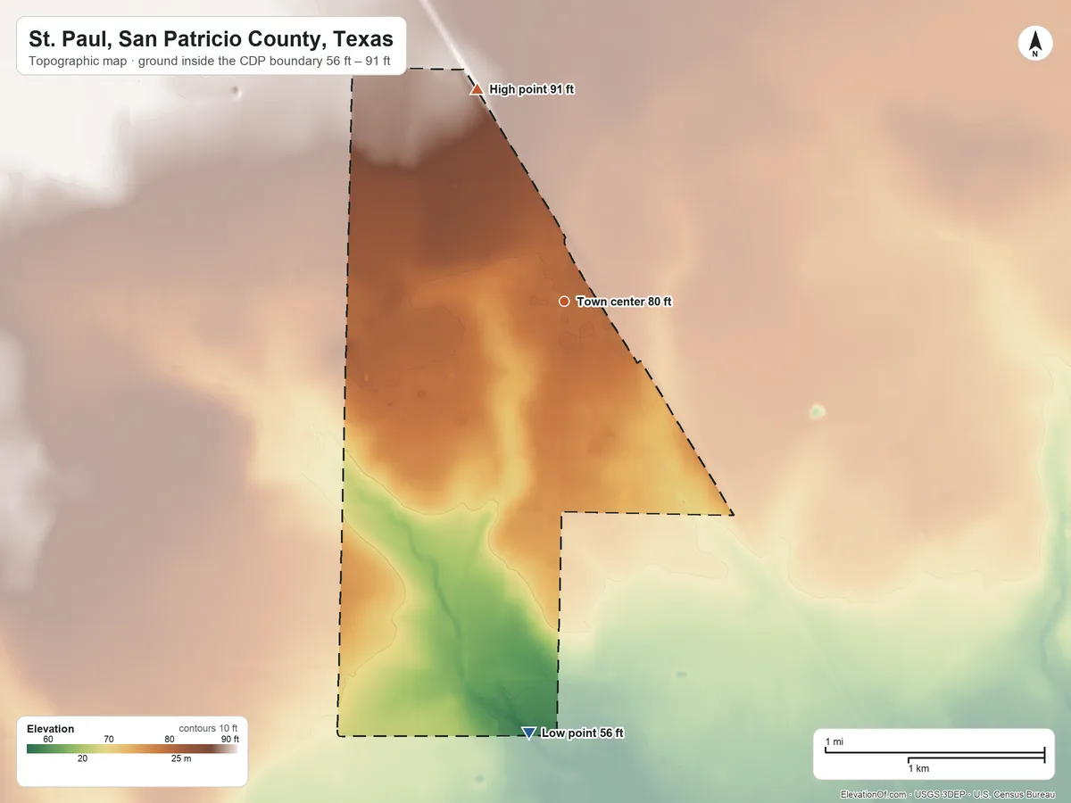 Topographic elevation map of St. Paul, San Patricio County, Texas, shaded from 56 ft on the south side to 91 ft on the north side