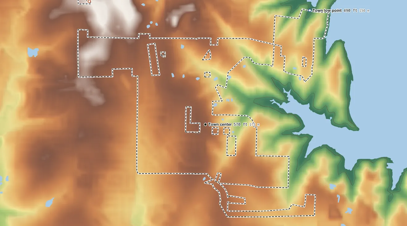 Topographic elevation map of St. Paul, Texas, shaded from 490 ft on the northeast side to 580 ft on the northwest side