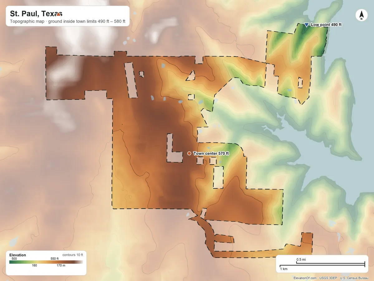 Topographic elevation map of St. Paul, Texas, shaded from 490 ft on the northeast side to 580 ft on the northwest side