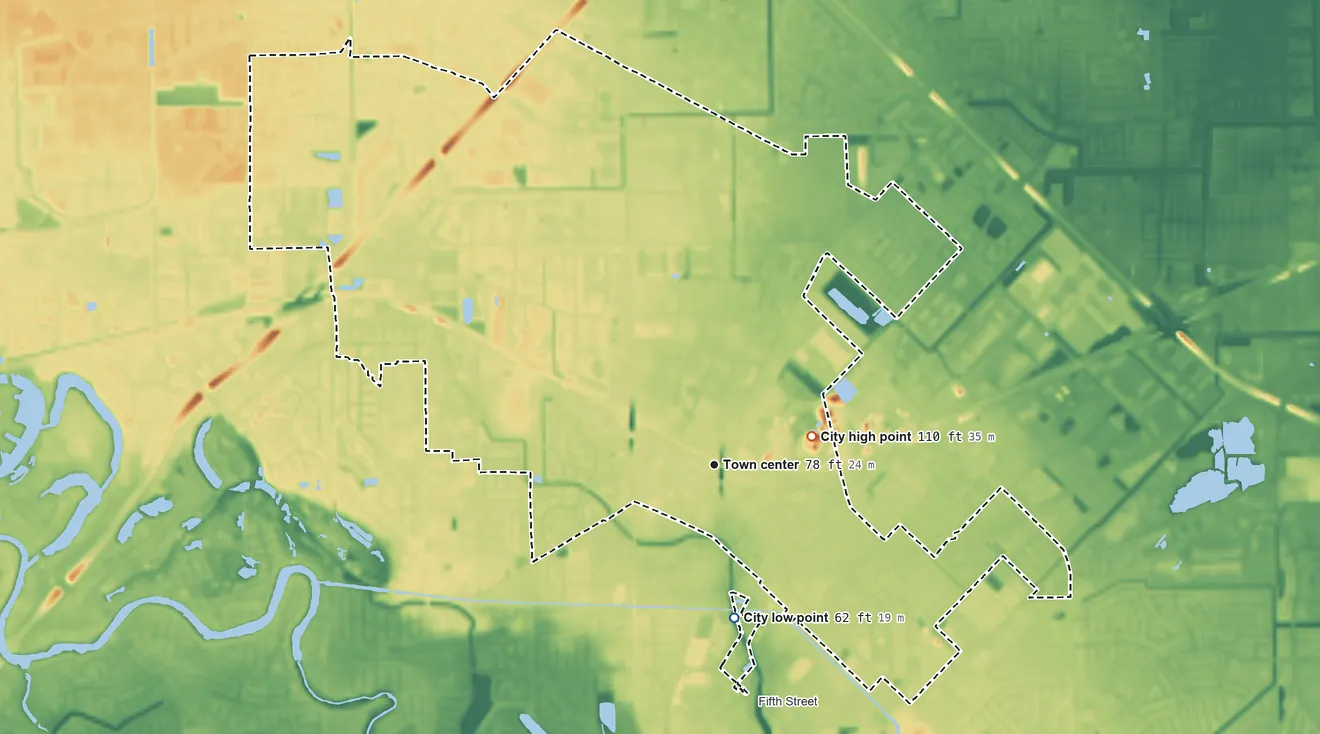 Topographic elevation map of Stafford, Texas, shaded from 62 ft on the south side to 110 ft near the middle
