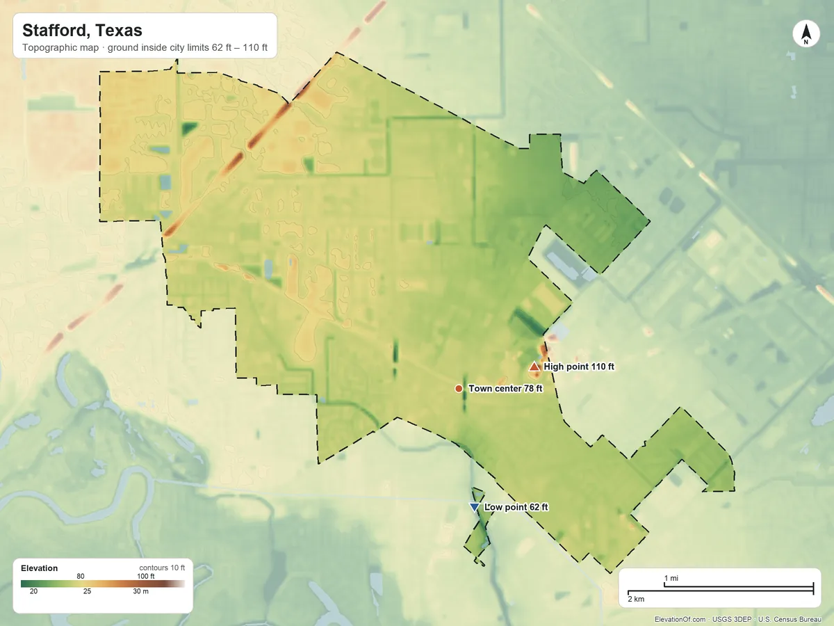 Topographic elevation map of Stafford, Texas, shaded from 62 ft on the south side to 110 ft near the middle