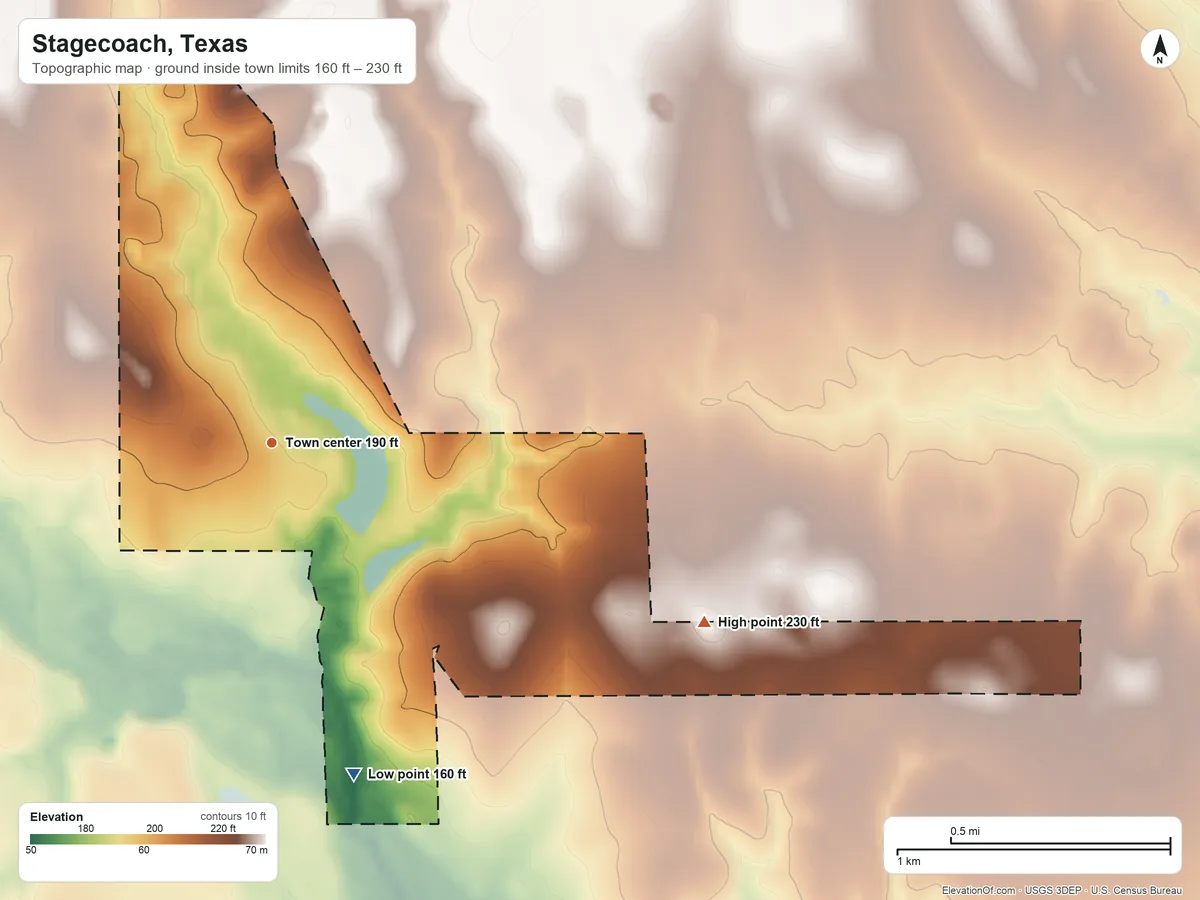 Topographic elevation map of Stagecoach, Texas, shaded from 160 ft on the south side to 230 ft on the southeast side