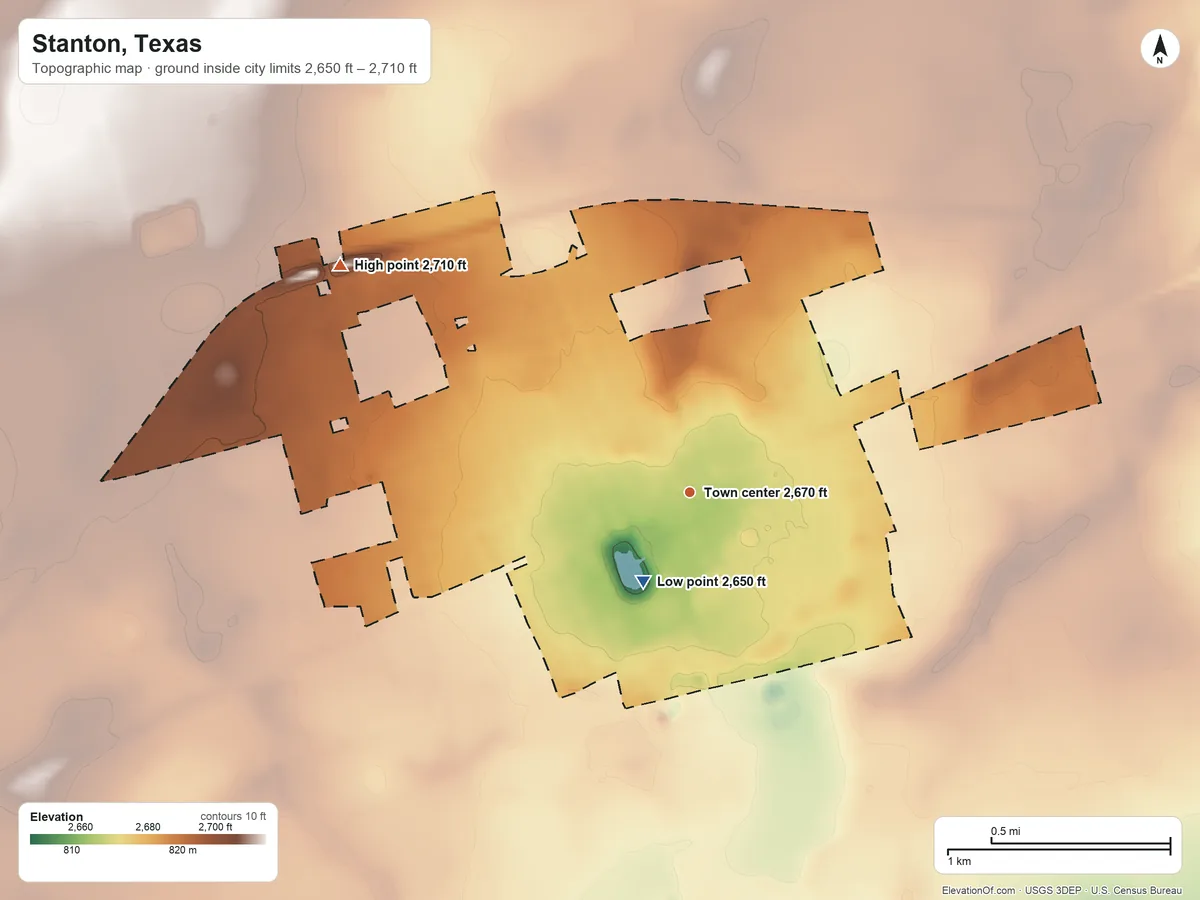 Topographic elevation map of Stanton, Texas, shaded from 2,650 ft near the middle to 2,710 ft on the northwest side