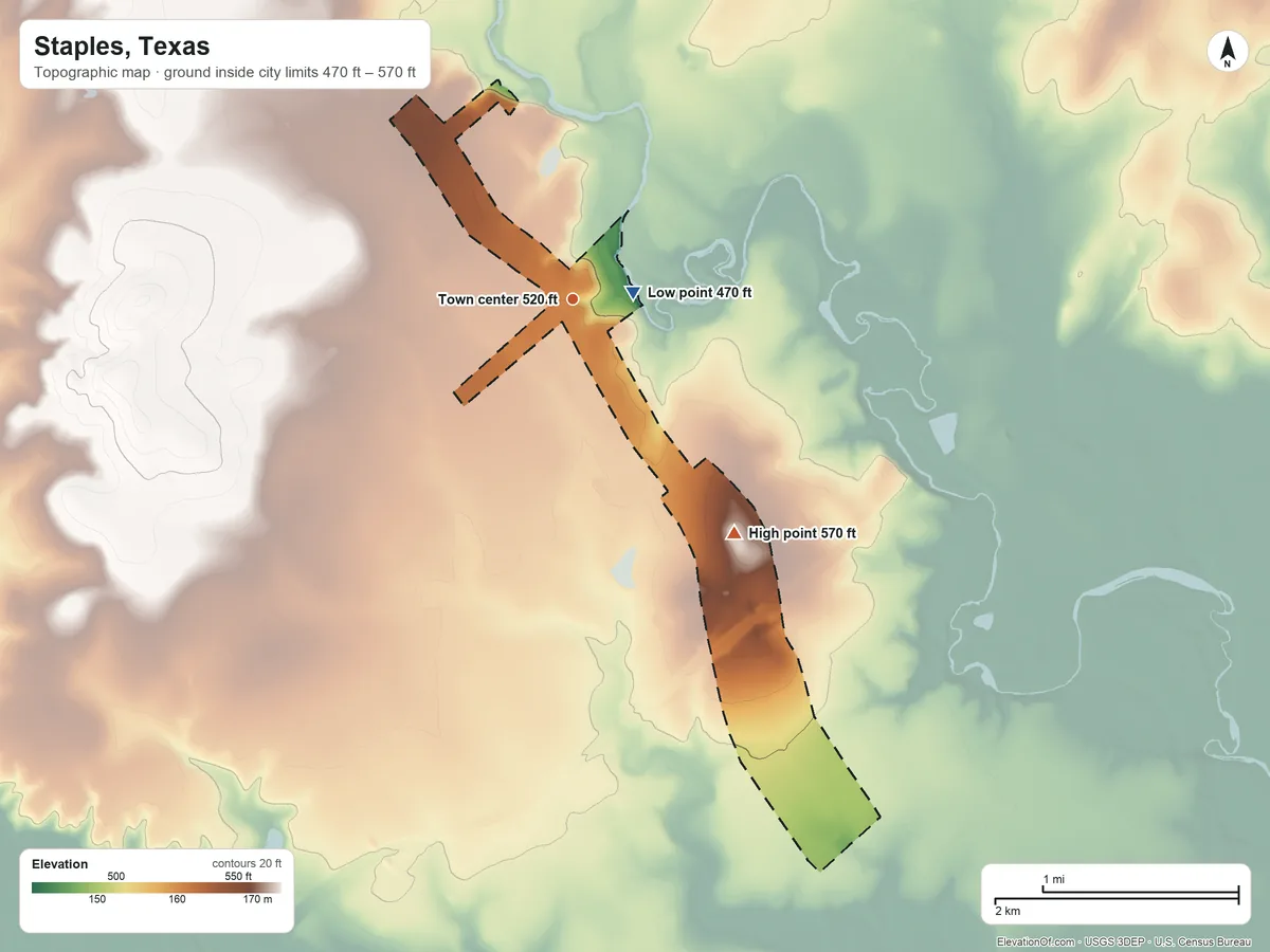 Topographic elevation map of Staples, Texas, shaded from 470 ft near the middle to 570 ft on the southeast side