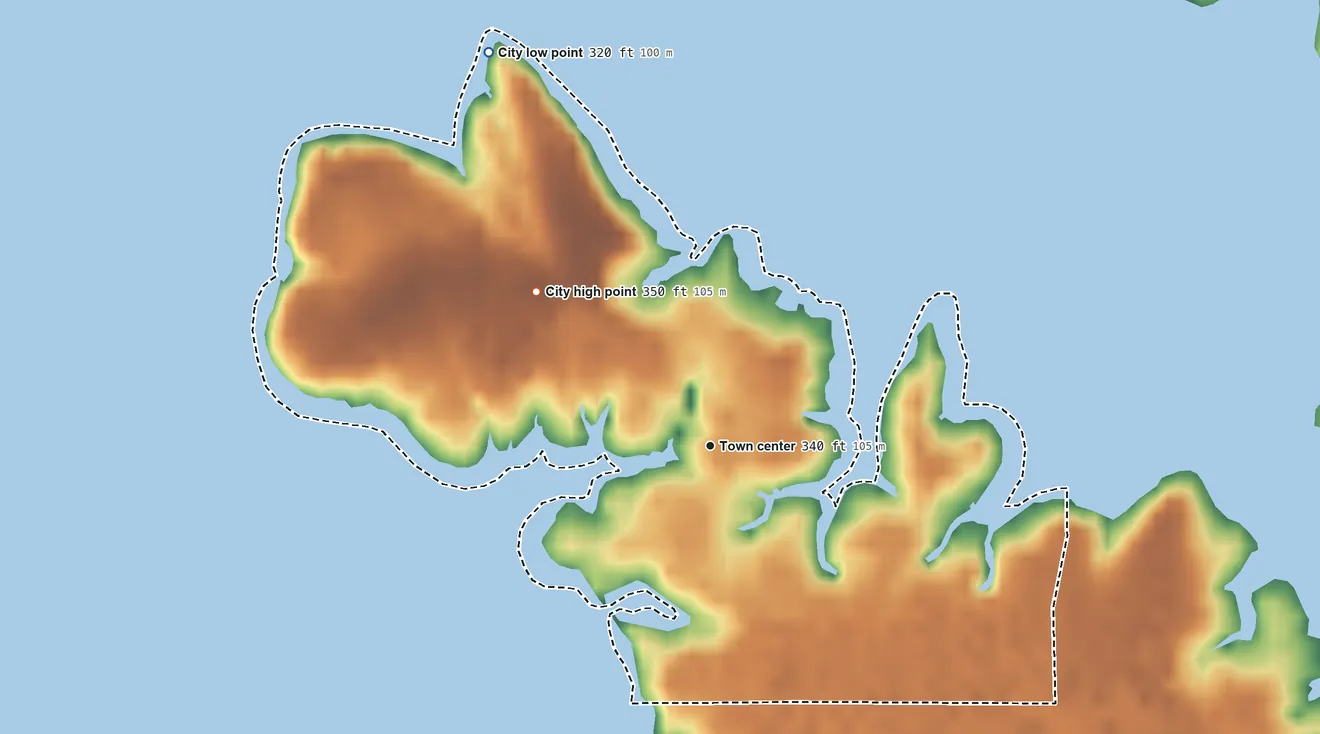 Topographic elevation map of Star Harbor, Texas, shaded from 320 ft on the northwest side to 350 ft on the northwest side