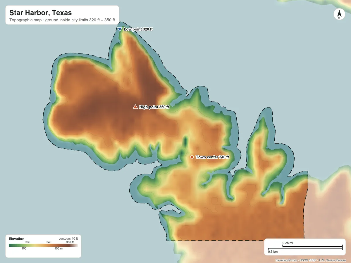 Topographic elevation map of Star Harbor, Texas, shaded from 320 ft on the northwest side to 350 ft on the northwest side