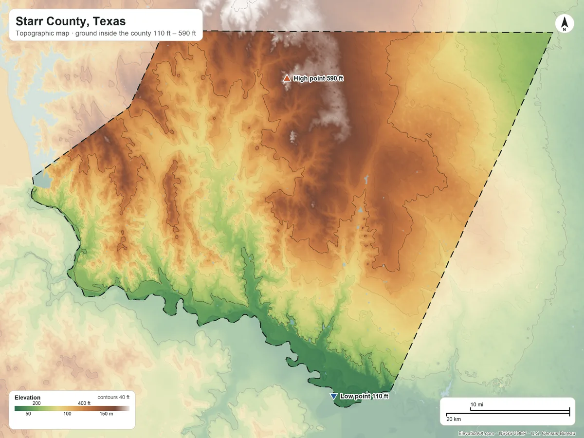 Topographic elevation map of Starr County, Texas, shaded from 110 ft on the south side to 590 ft on the north side