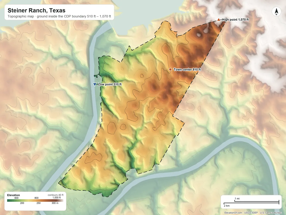 Topographic elevation map of Steiner Ranch, Texas, shaded from 510 ft on the west side to 1,070 ft on the northeast side