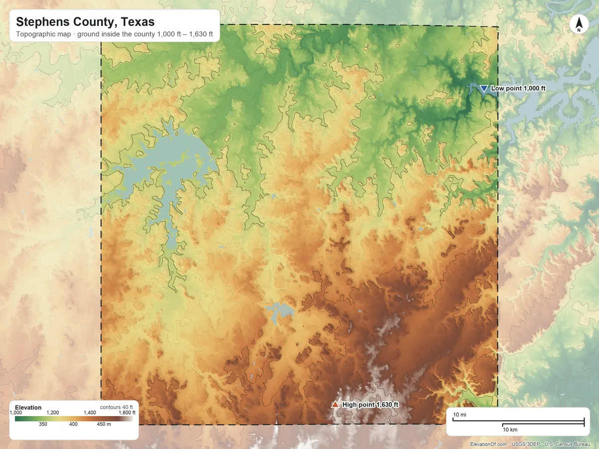 Topographic elevation map of Stephens County, Texas, shaded from 1,000 ft on the northeast side to 1,630 ft on the south side