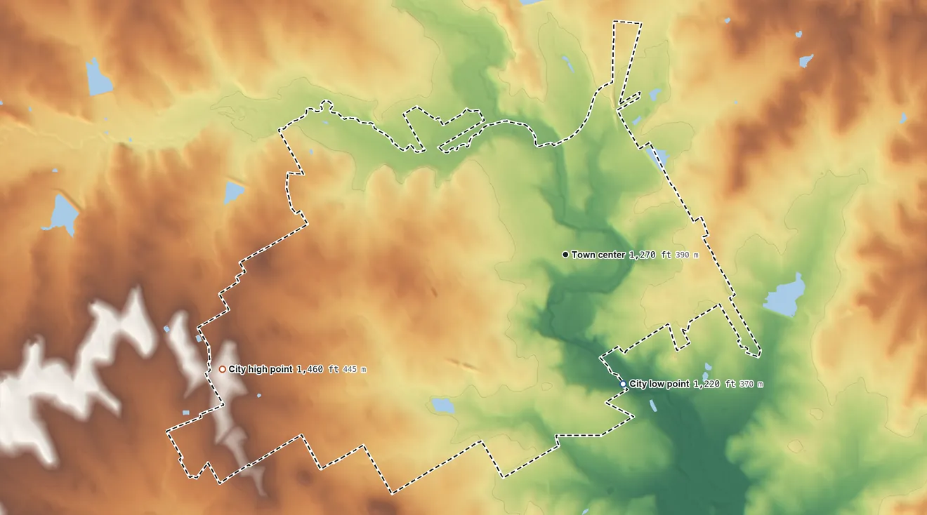 Topographic elevation map of Stephenville, Texas, shaded from 1,220 ft on the southeast side to 1,460 ft on the west side