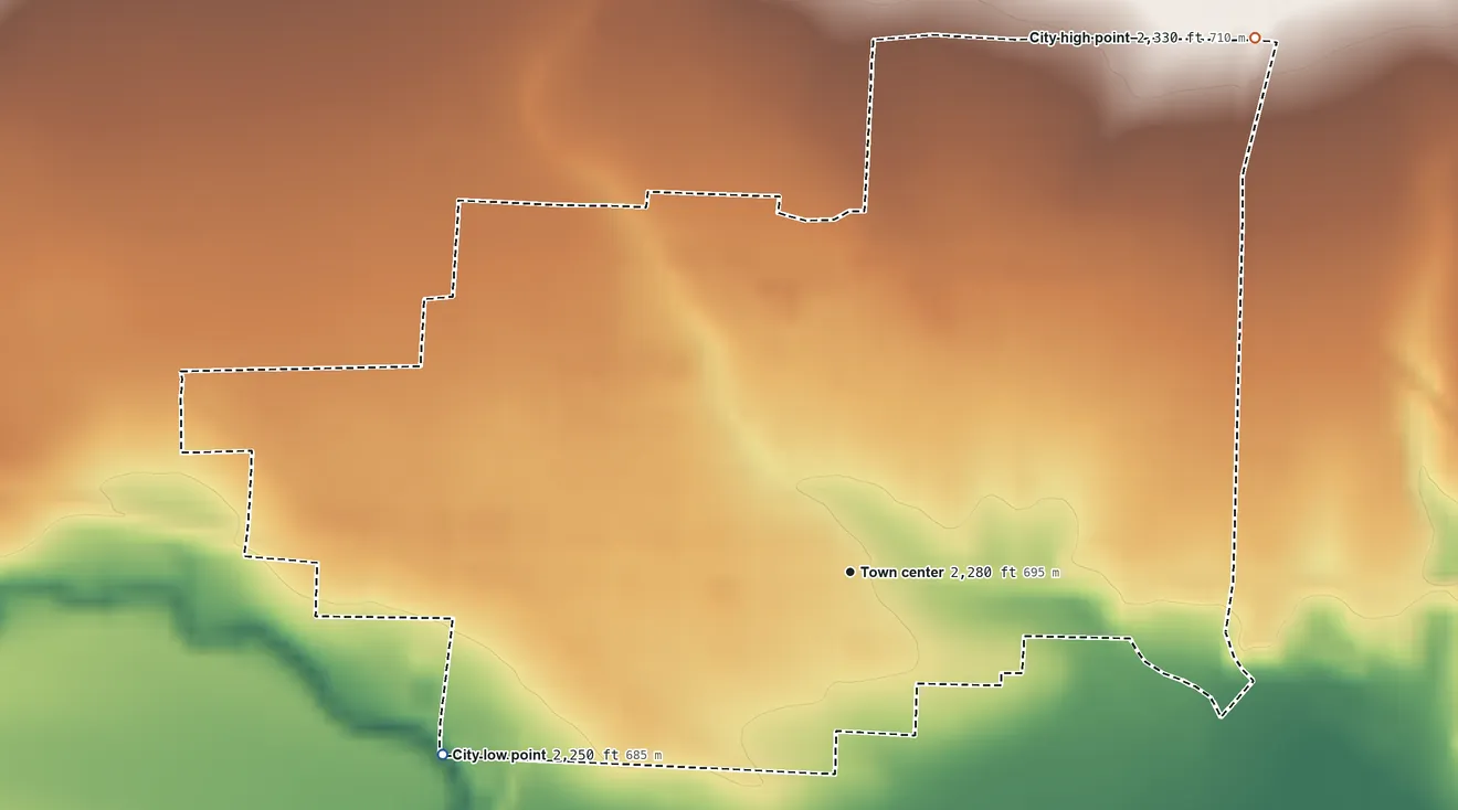 Topographic elevation map of Sterling City, Texas, shaded from 2,250 ft on the southwest side to 2,330 ft on the northeast side