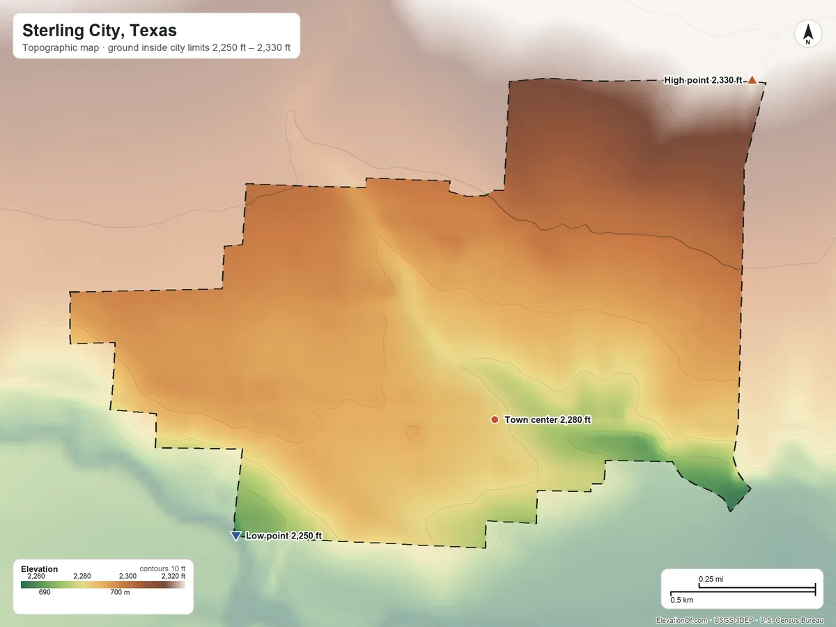 Topographic elevation map of Sterling City, Texas, shaded from 2,250 ft on the southwest side to 2,330 ft on the northeast side
