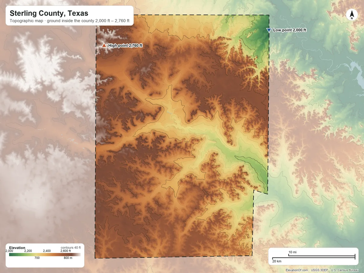 Topographic elevation map of Sterling County, Texas, shaded from 2,000 ft on the northeast side to 2,760 ft on the northwest side