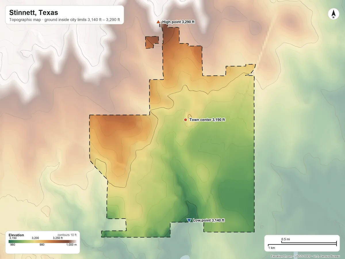 Topographic elevation map of Stinnett, Texas, shaded from 3,140 ft on the south side to 3,290 ft on the north side