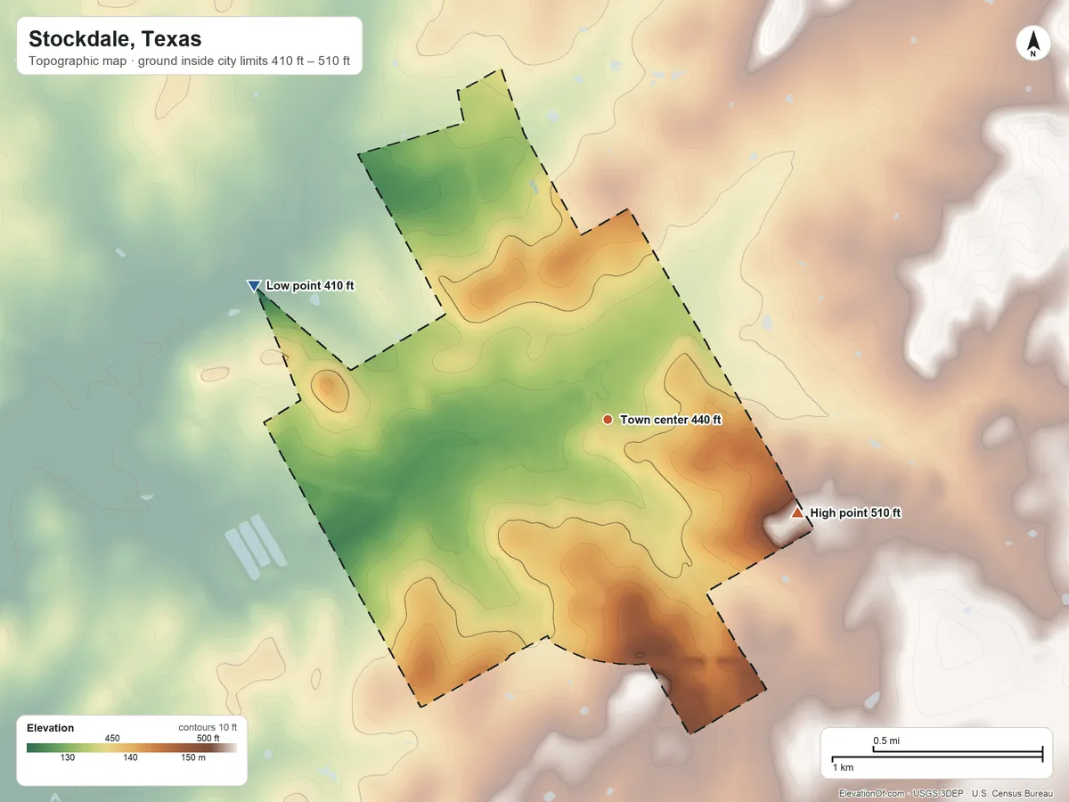 Topographic elevation map of Stockdale, Texas, shaded from 410 ft on the west side to 510 ft on the southeast side
