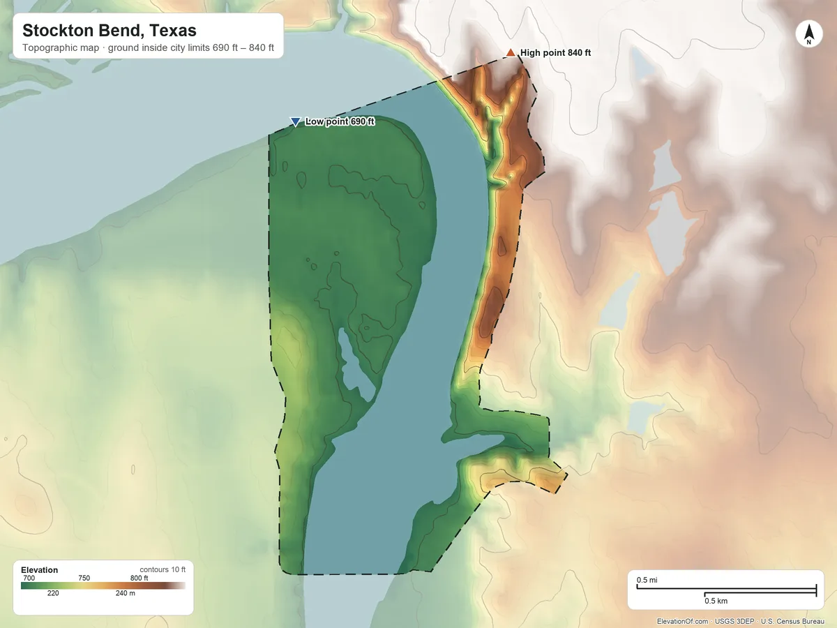 Topographic elevation map of Stockton Bend, Texas, shaded from 690 ft on the north side to 840 ft on the northeast side