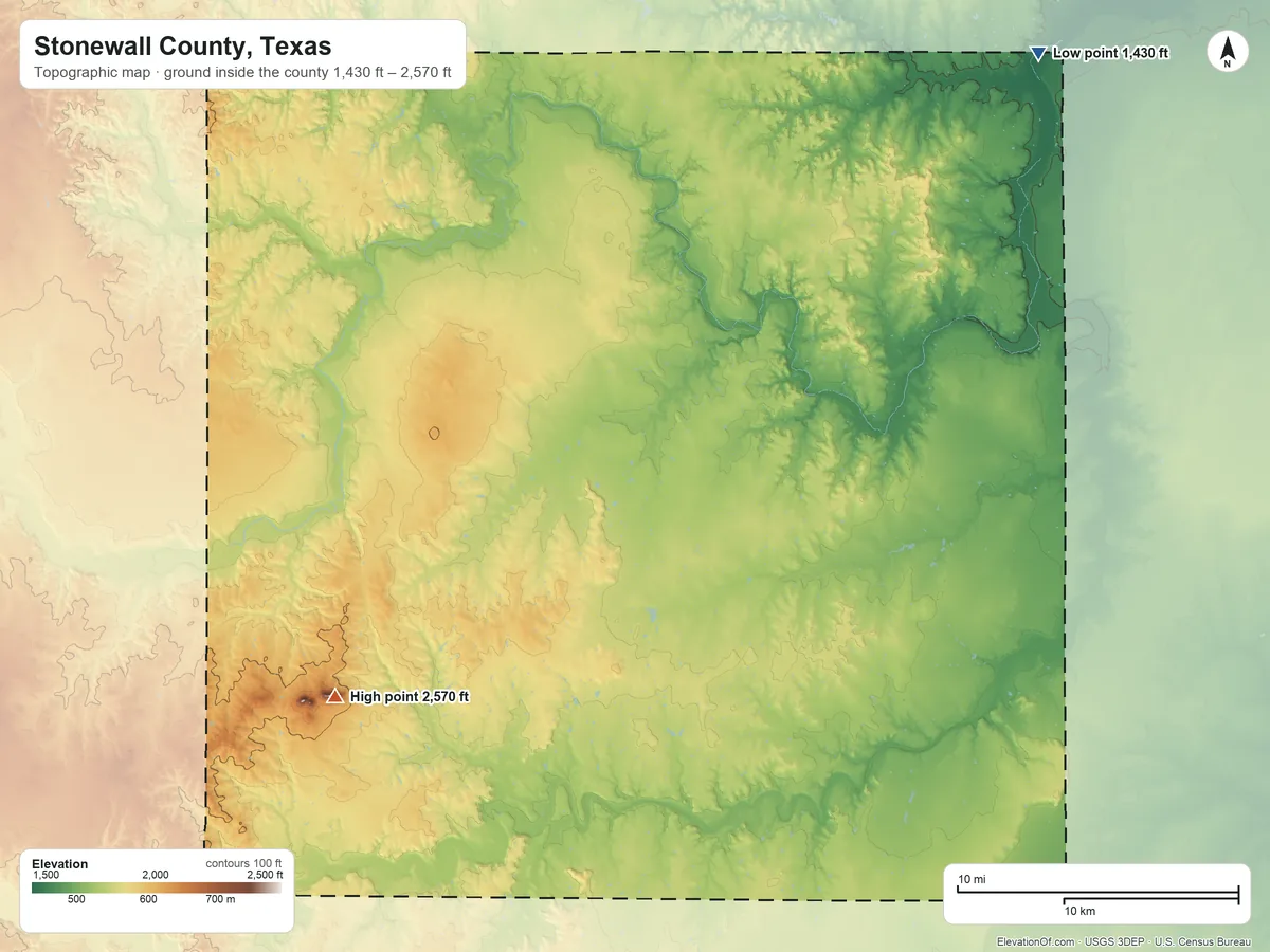 Topographic elevation map of Stonewall County, Texas, shaded from 1,430 ft on the northeast side to 2,570 ft on Double Mountains