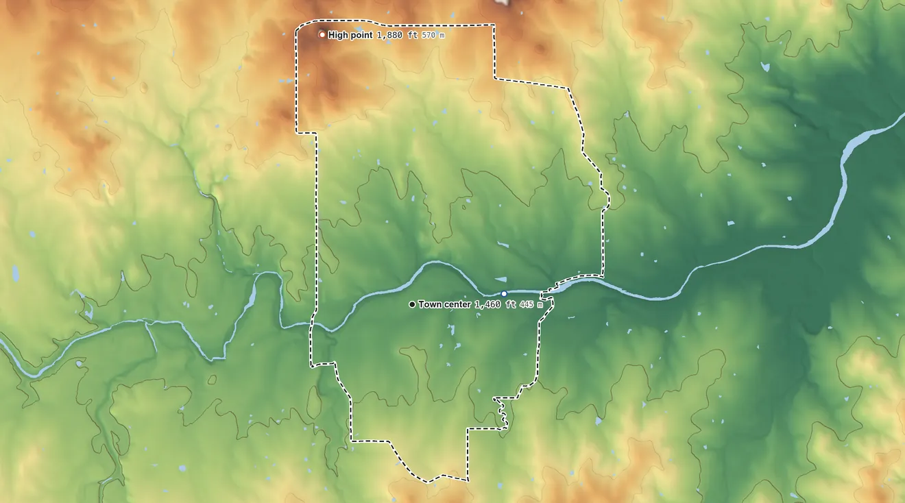 Topographic elevation map of Stonewall, Texas, shaded from 1,410 ft on the east side to 1,880 ft on Roundhead