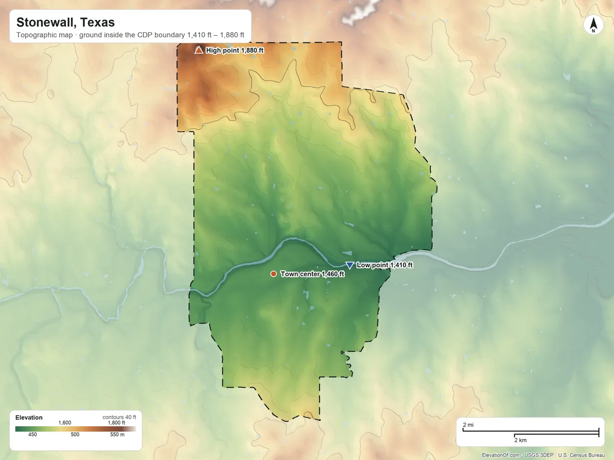 Topographic elevation map of Stonewall, Texas, shaded from 1,410 ft on the east side to 1,880 ft on Roundhead