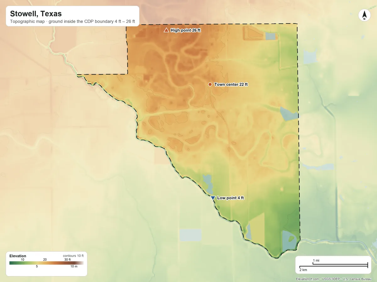 Topographic elevation map of Stowell, Texas, shaded from 4 ft on the south side to 26 ft on the northwest side