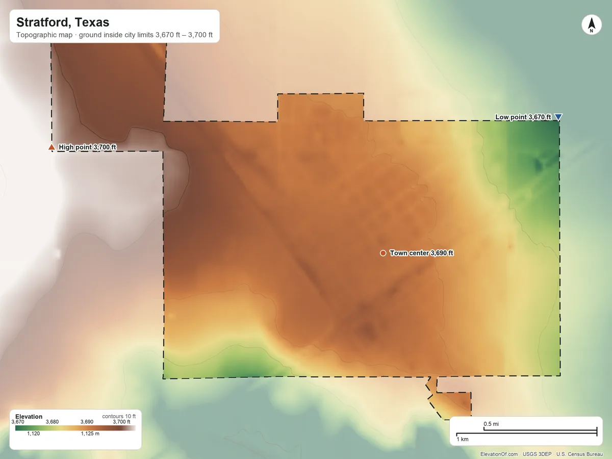 Topographic elevation map of Stratford, Texas, shaded from 3,670 ft on the northeast side to 3,700 ft on the west side