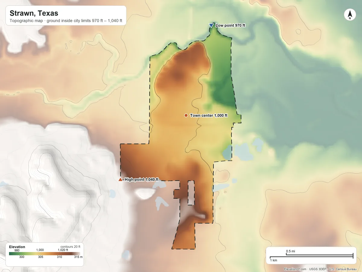 Topographic elevation map of Strawn, Texas, shaded from 970 ft on the north side to 1,040 ft at the foot of the Palo Pinto Mountains