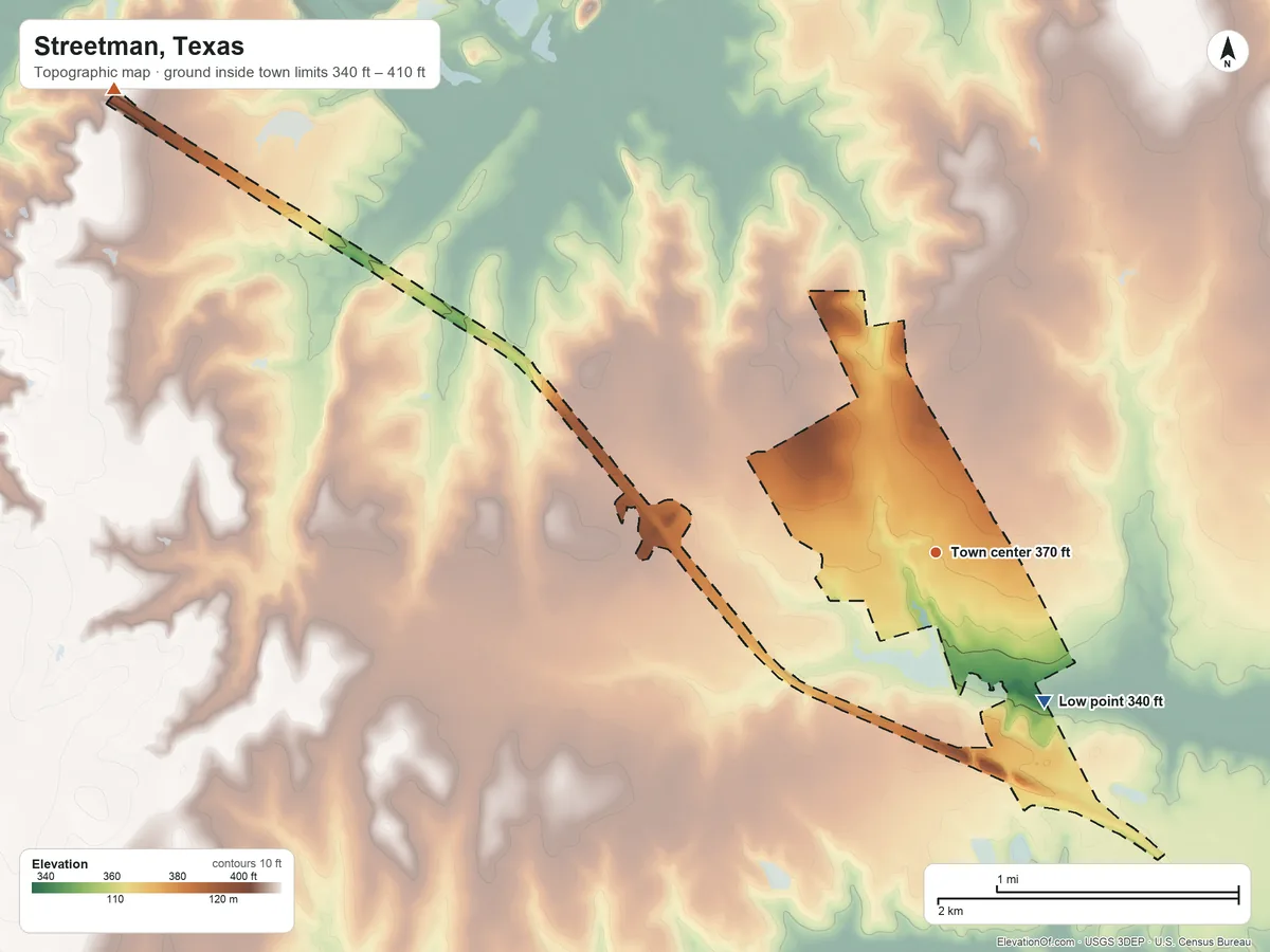 Topographic elevation map of Streetman, Texas, shaded from 340 ft on the southeast side to 410 ft on the northwest side