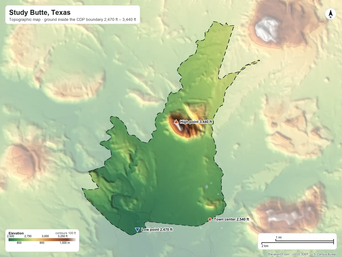 Topographic elevation map of Study Butte, Texas, shaded from 2,470 ft on the west side to 3,440 ft on Bee Mountain