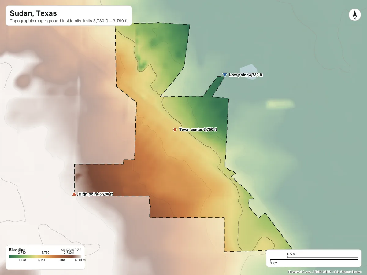 Topographic elevation map of Sudan, Texas, shaded from 3,730 ft on the northeast side to 3,790 ft on the southwest side
