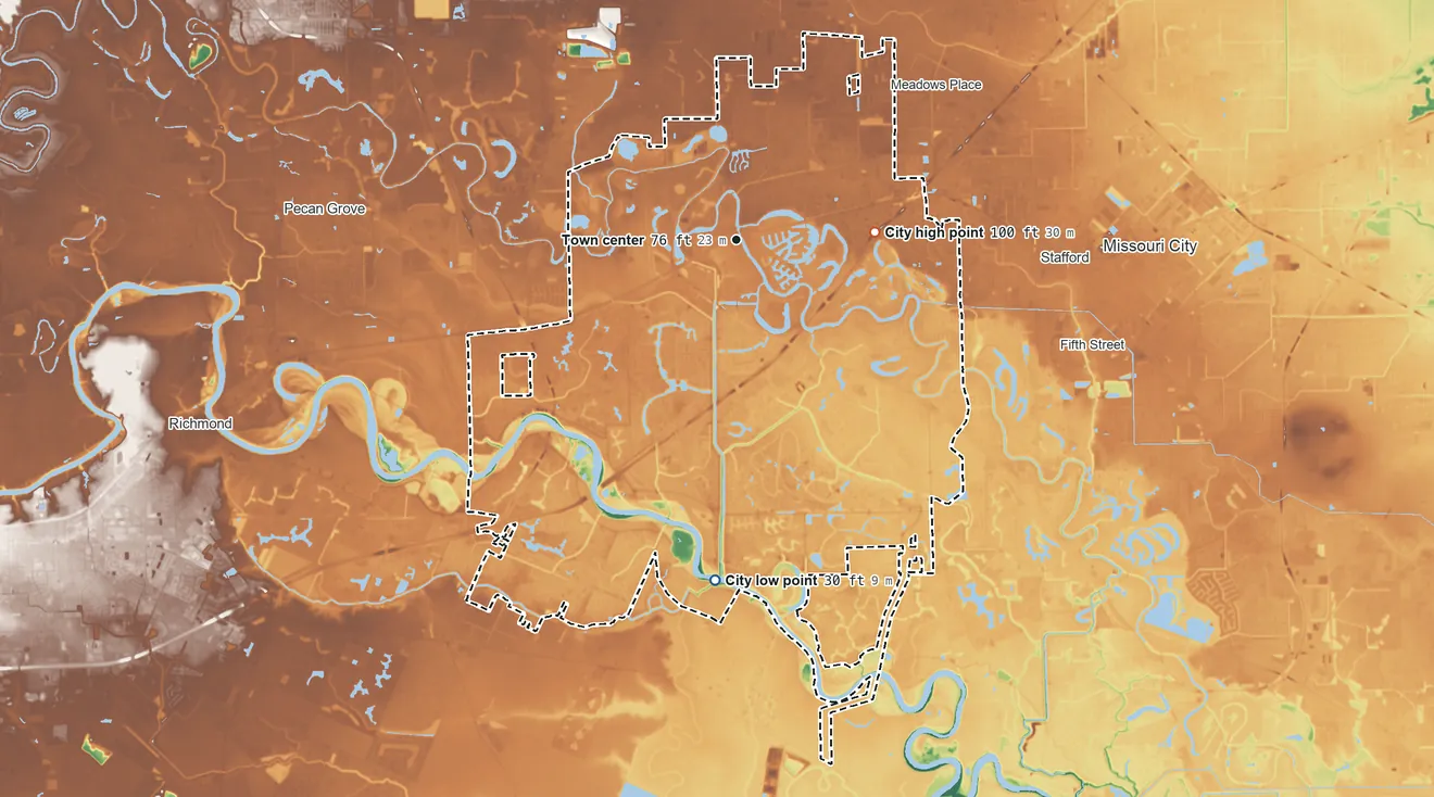 Topographic elevation map of Sugar Land, Texas, shaded from 30 ft on the south side to 100 ft on the east side