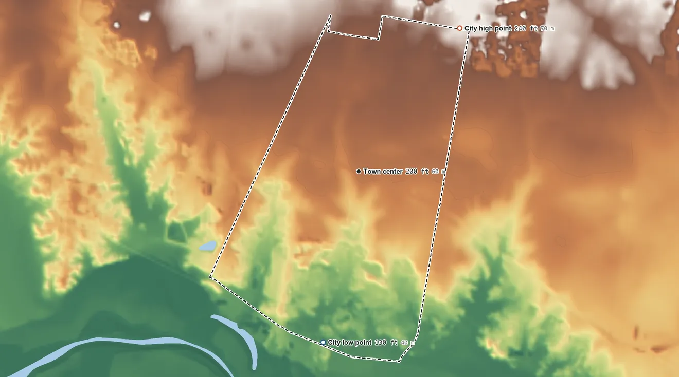 Topographic elevation map of Sullivan City, Texas, shaded from 130 ft on the south side to 240 ft on the northeast side