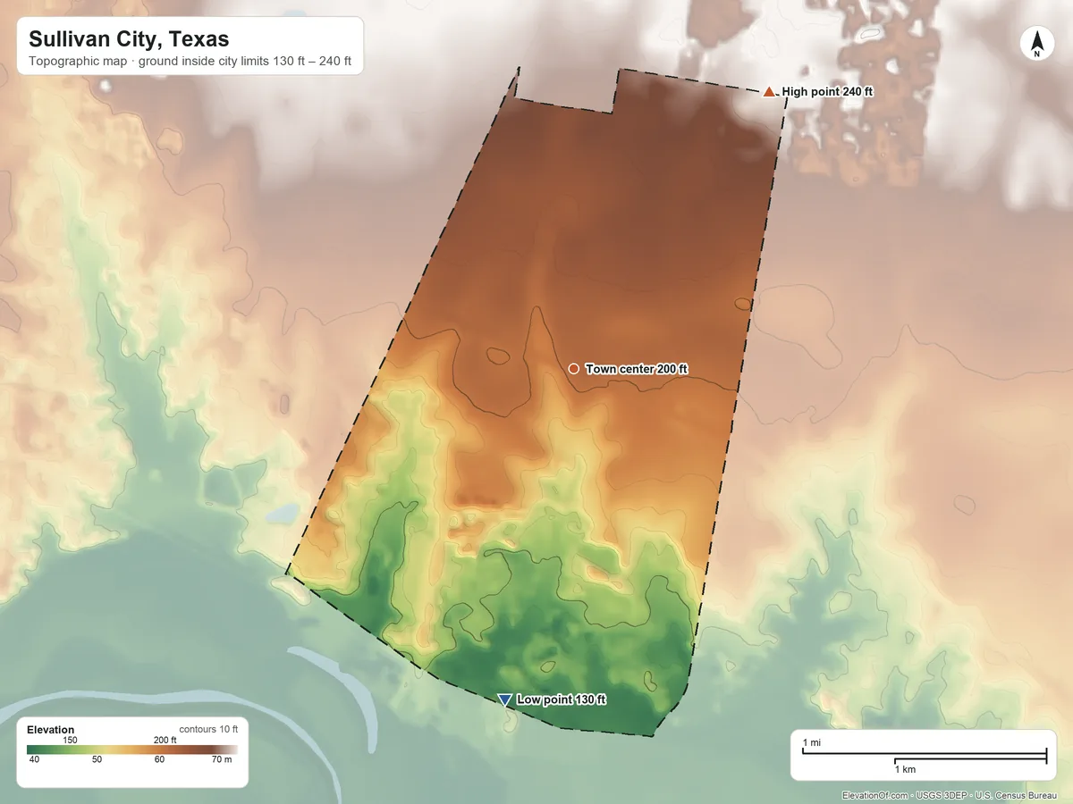 Topographic elevation map of Sullivan City, Texas, shaded from 130 ft on the south side to 240 ft on the northeast side