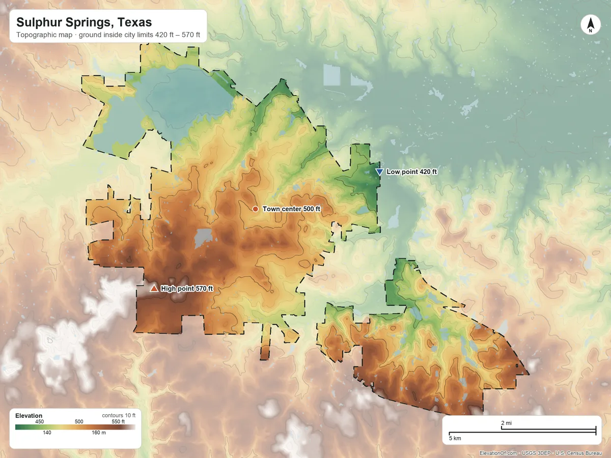 Topographic elevation map of Sulphur Springs, Texas, shaded from 420 ft on the east side to 570 ft on the southwest side